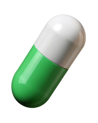 A single green and white capsule pill for wellness standing against a plain black backdrop to