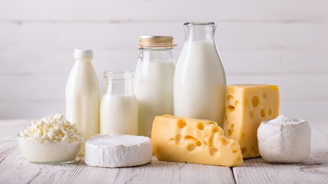 Assorted dairy products including milk bottles, cheeses,