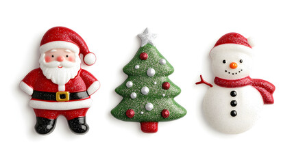 Three festive holiday cookies shaped like snowmen and a Christmas tree on a gray surface