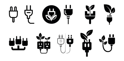 Fototapeta premium Illustration of various electrical plugs and connectors with plant and leaf elements in black and white