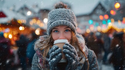 Cozy Winter Moment with Hot Drink and Falling Snow