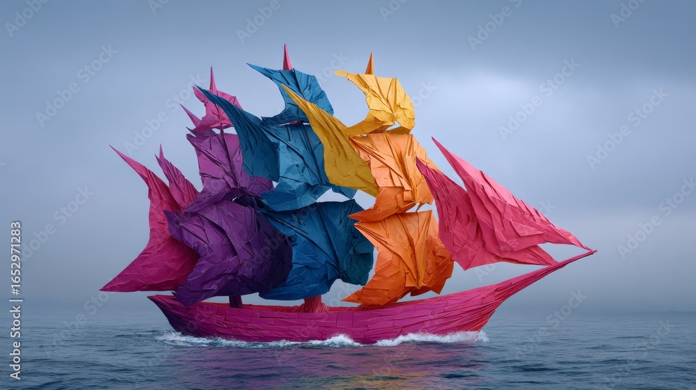 Poster a colorful paper boat is sailing in the ocean. the boat is made of different colored paper and has a