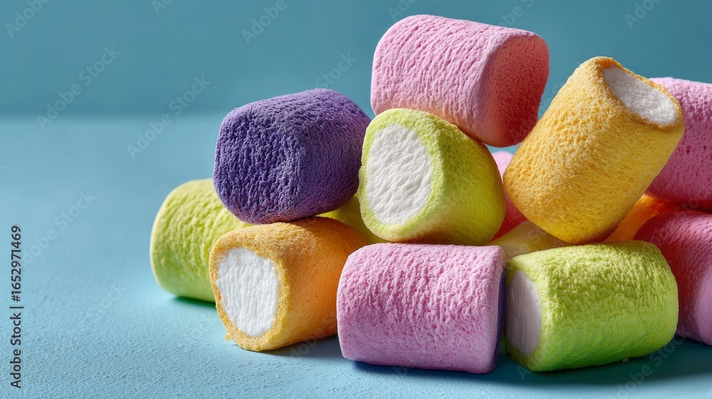 Poster a pile of colorful marshmallows on a blue background. the marshmallows are in various colors and siz