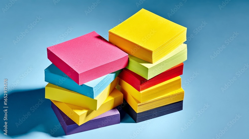 Poster a stack of colorful sticky notes with different colors and sizes. the stack is piled on top of each 