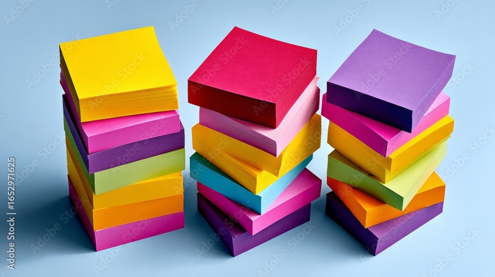 Poster a stack of colorful sticky notes with the top one being yellow. the stack is piled up and the colors