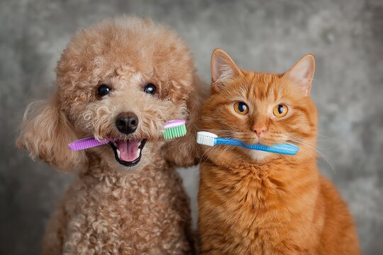 Adorable photo of a poodle and orange cat holding toothbrushes in their mouths, smiling at the camera in a funny and cute pet hygiene concept