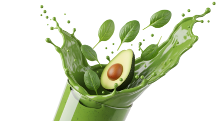 A vibrant green smoothie splashing out of an invisible glass, with spinach leaves and a piece of avocado caught in the motion. High-speed  on a transparent background.