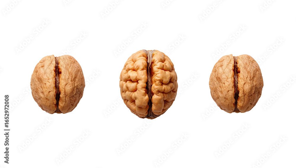 Poster three walnuts arranged in a row symbolizing intelligence and cerebral function on a neutral setting