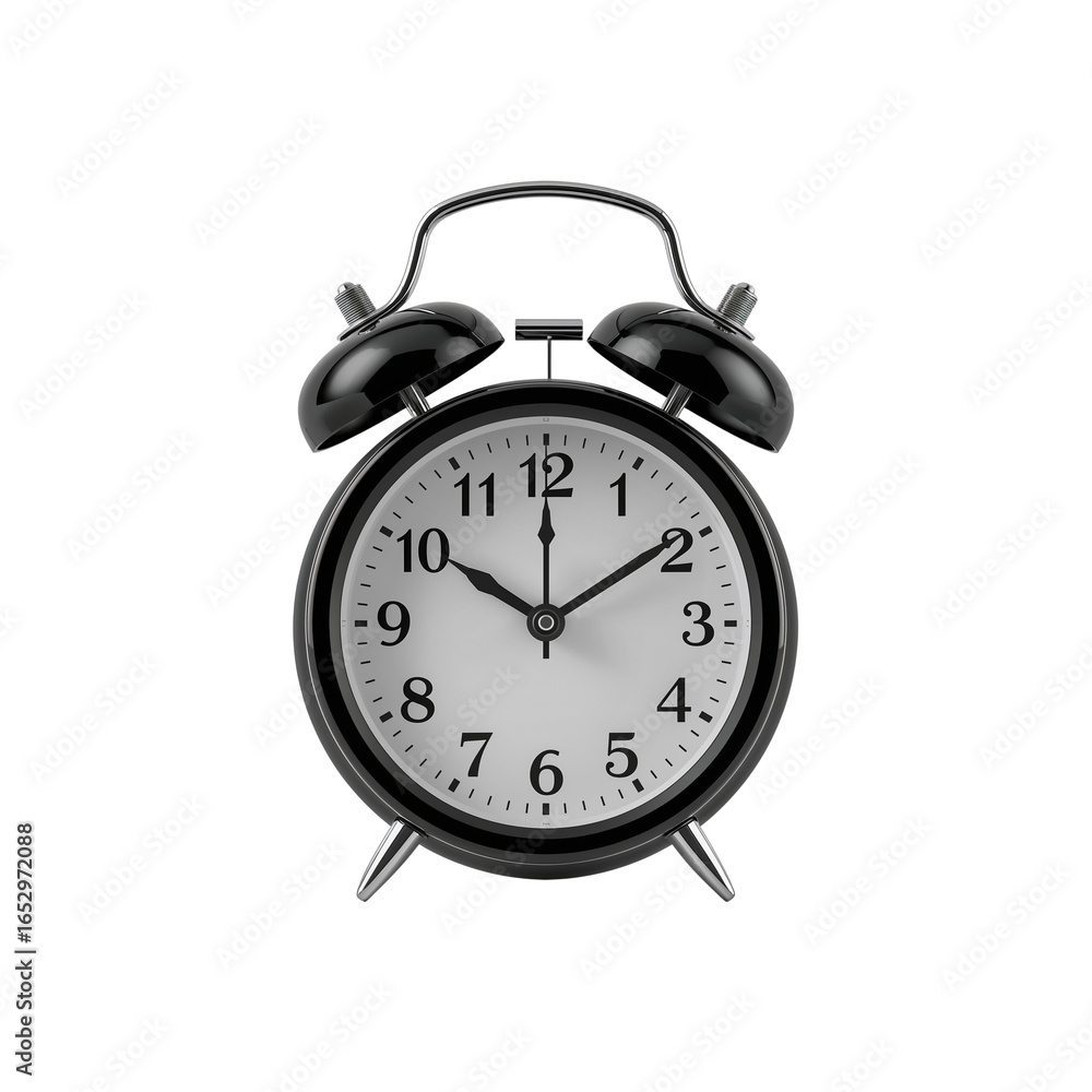 Poster monochrome depiction of a classic alarm clock, emphasizing time and timeless design for various