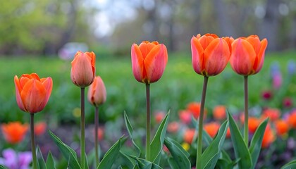Orange tulips in spring garden