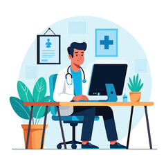 Doctor using computer in his office, healthcare vector illustration