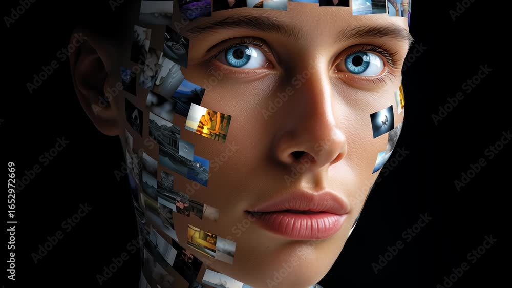 Aufkleber digital artwork features a cyborg face with various images embedded, exploring themes of identity an