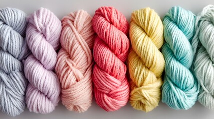A close-up view of colorful yarn balls, displayed in a spectrum of pastel shades, including pinks, lavenders, yellows, and mint greens, creating a vibrant and inspiring display.