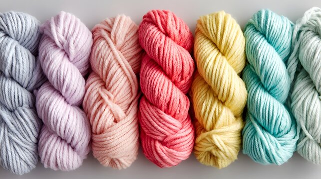 A close-up view of colorful yarn balls, displayed in a spectrum of pastel shades, including pinks, lavenders, yellows, and mint greens, creating a vibrant and inspiring display.