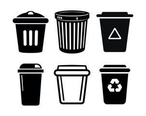 Illustration of six different black and white trash cans and recycling bins in various styles and shapes