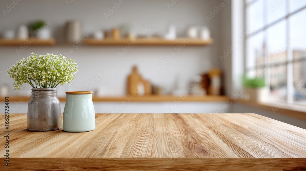 Poster wooden table with two vases and a jar on it. the vases are filled with flowers and the jar is empty.