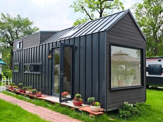 Modern tiny house with garden and brick path, showcasing sustainable living and minimalist...