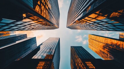 Worm's-eye view of skyscrapers reflecting golden sunlight against a cloudy blue sky