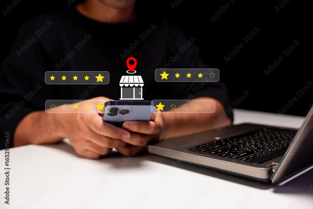 Poster a person using a smartphone to engage with a rating system, showcasing online shopping or reviews in