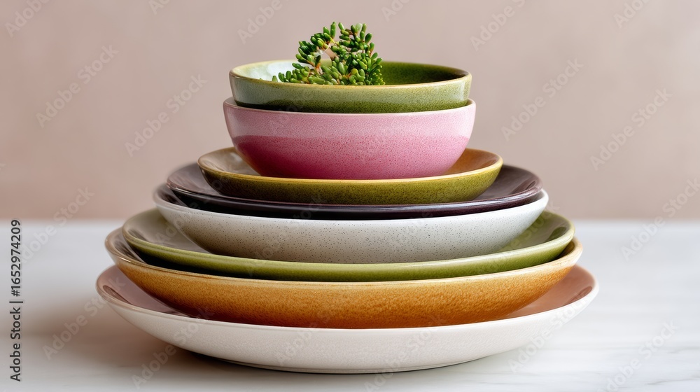 Poster stack of plates with different colors and sizes. the plates are arranged in a pyramid shape, with th