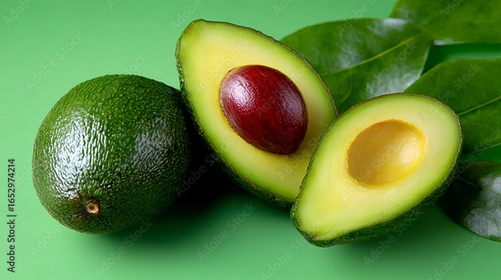 Poster green avocado with a red pit on top of it. the avocado is cut in half and the pit is visible