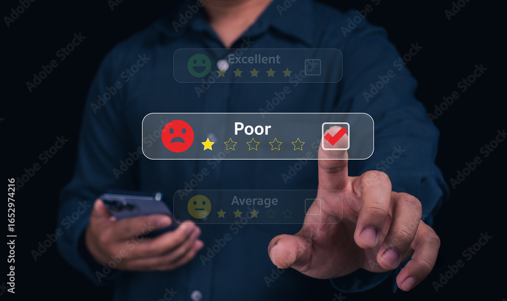 Poster a person interacting with a digital rating system, selecting a poor review while holding a smartphon