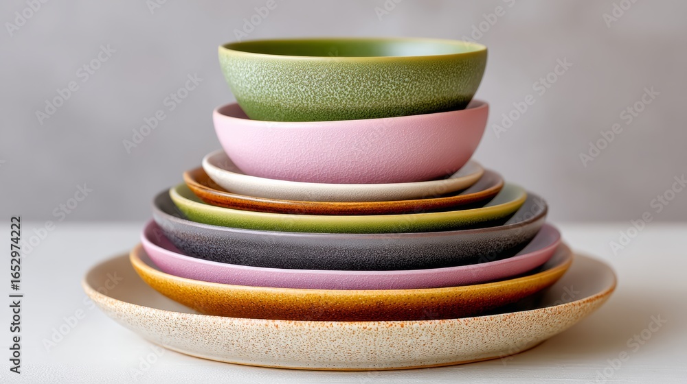 Poster stack of plates with different colors and sizes. the plates are arranged in a pyramid shape. concept