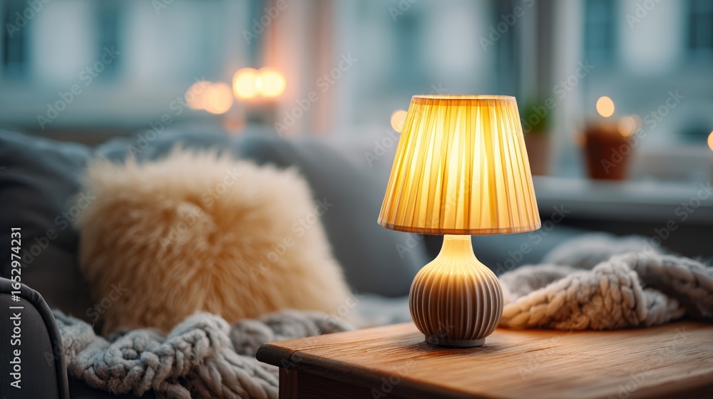 Poster lamp is lit on a table next to a couch. the lamp is on a wooden table and the couch is covered in a 