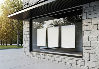 Shopfront Display with Three Blank Posters: A shopfront showcasing three blank poster frames, bathed in sunlight, poised to display promotional materials.