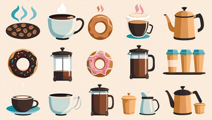 Obraz premium Vibrant coffee collection with steaming mugs, donuts, and brewing pots, perfect for cafes