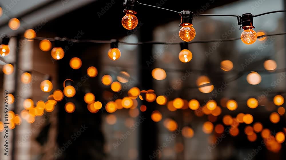 Poster warm glowing string lights illuminate a cozy outdoor space, creating a magical ambiance with soft bo