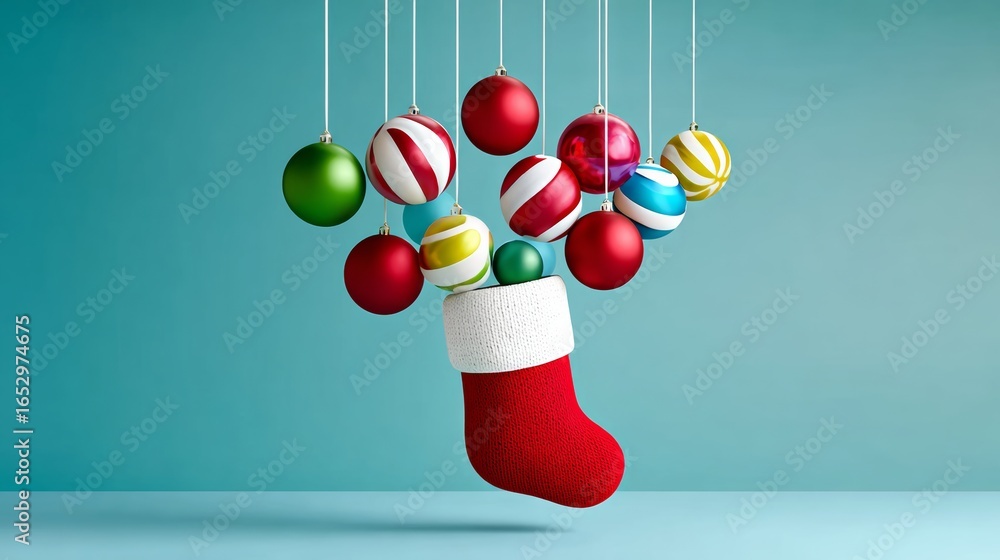 Poster christmas stocking is filled with colorful balls. the balls are hanging from the top of the stocking