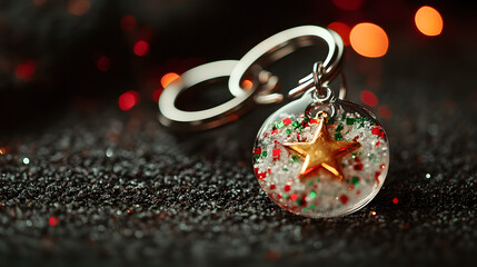 Close-up of a snow globe Christmas ornament with miniature tree and red star, set against festive background