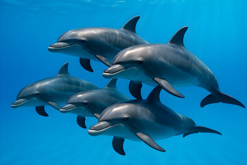 Pod of Dolphins Swimming Gracefully Underwater in Clear Blue Ocean Wildlife Marine Scene