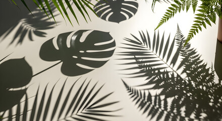 Sharp dark shadows of tropical Monstera palm and fern leaves on a sunlit wall.