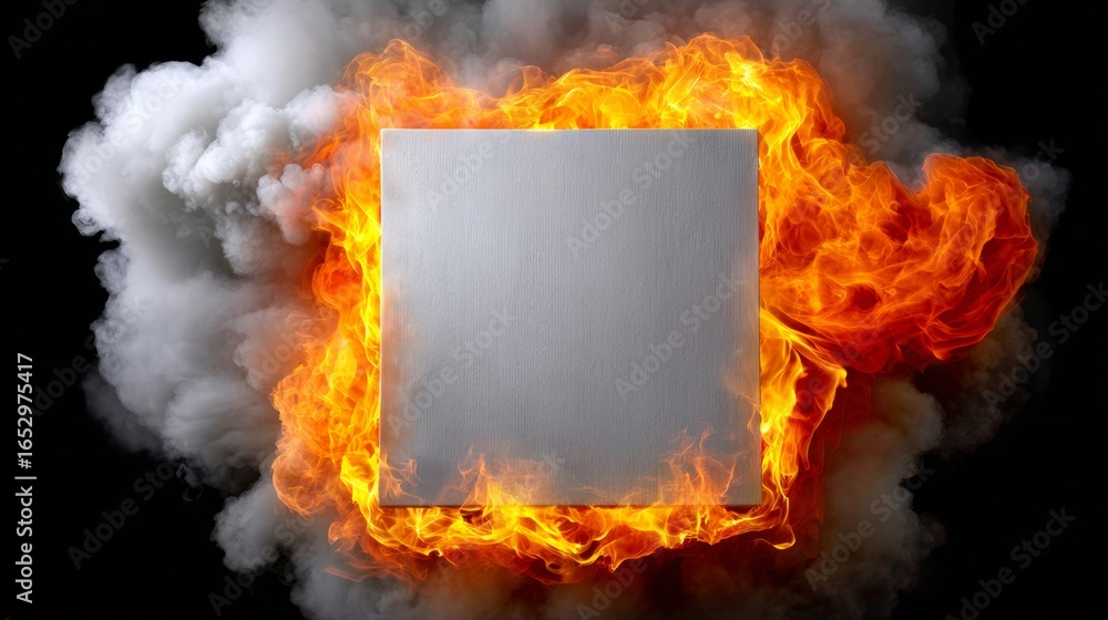 Poster white square is surrounded by a cloud of fire. the fire is so intense that it is almost engulfing th