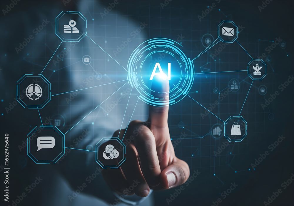 Poster artificial intelligence ai technology concept with finger touching screen interface future tech