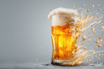 Splashing wave and big glass of fresh light beer on a light gray background. Octoberfest concept.