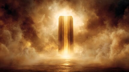 Fototapeta premium A majestic, golden portal pierces a dramatic, stormy sky above a hazy, ethereal water surface.