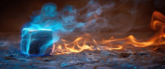 Slow exposure macro captures a burning cedar cube with vibrant blue flames and spreading orange fire. Smoke trails visible against a dark, blurred backdrop.