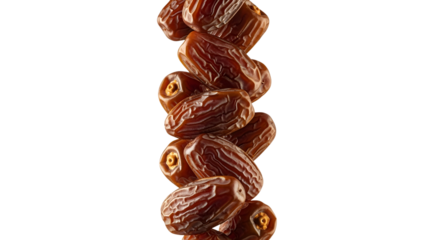 A row of whole, pitted dates falling in a neat, vertical line. The wrinkled texture of the fruit is captured in high detail. Photorealistic  with warm  against a transparent background.