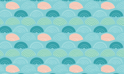 Hand-Drawn Japanese Wave or Fish Scale Seamless Pattern, Simple Abstract Background with a Pastel Scallop Texture for Kids or Nursery Decor