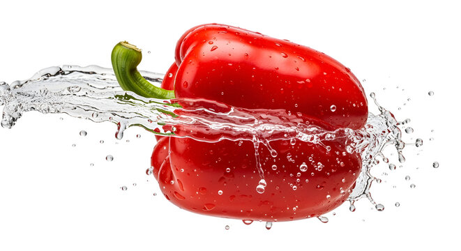 A red bell pepper with water splashing around it. - Powered by Adobe