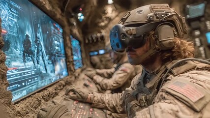 Soldier Wearing VR Headset in Bunker - Powered by Adobe