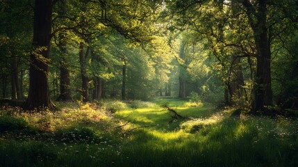Obraz premium Sunlit woodland glade, vibrant with lush greenery and dappled sunlight.