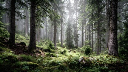 Fototapeta premium Misty forest scene with tall evergreen trees and a sunlit path through the undergrowth.