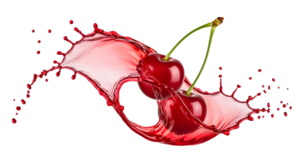 Two ripe, red cherries with stems, colliding in mid-air to create a splash of rich red juice. The motion is dynamic and artistic. High-detail, photorealistic  with clean  on a transparent background.