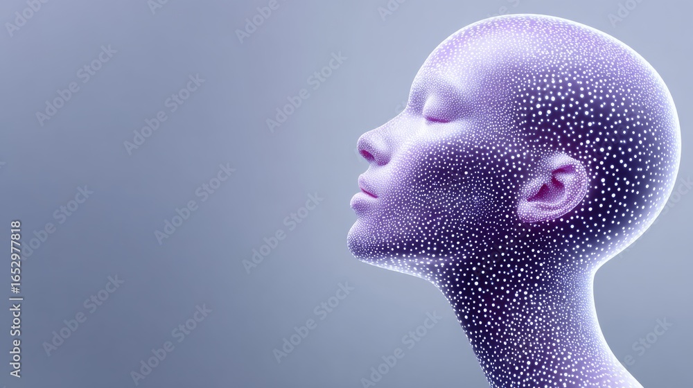Poster woman's head is depicted with a multitude of dots, creating a unique and abstract appearance. the im