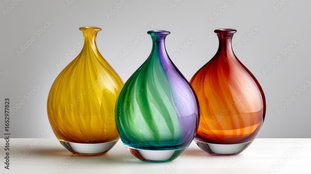 Aufkleber three vases of different colors and sizes are displayed on a table. the vases are arranged in a row,