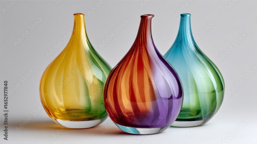 Poster three vases of different colors and sizes are displayed on a white background. the vases are made of